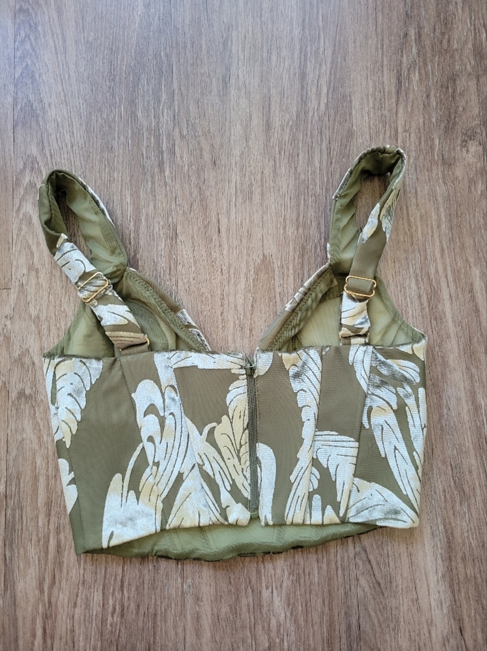 Oh Polly Cropped Bustier Top Olive Green Velvet Jacquard Corset Tank Top 2 - Picture 4 of 13